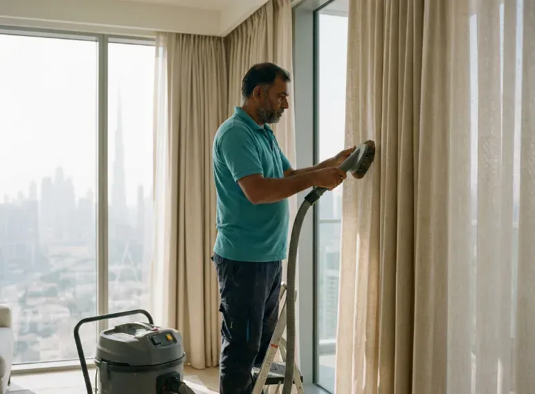 Technician vacuuming fabric curtains in a living room
