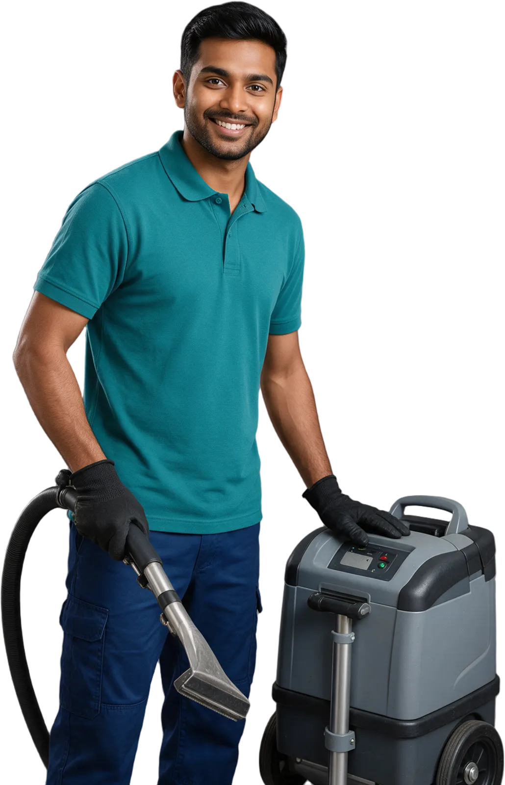 Smiling cleaning technician in a teal uniform holding an upholstery vacuum wand