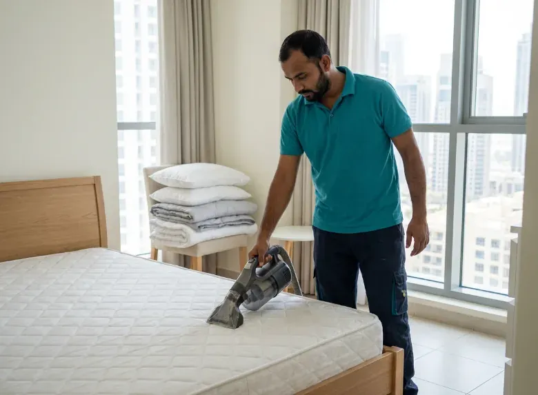 Technician vacuuming a mattress in a bedroom