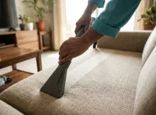 Sofa being cleaned with an upholstery vacuum