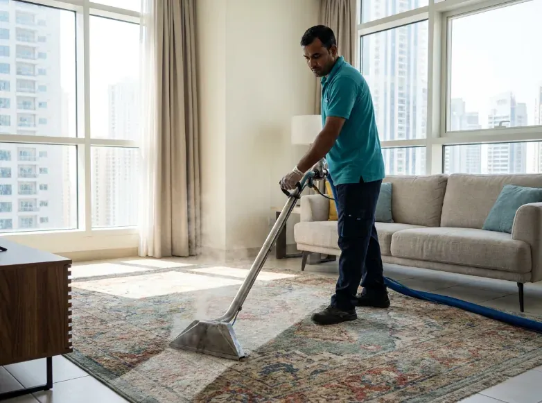 Carpet extraction machine cleaning a rug at home