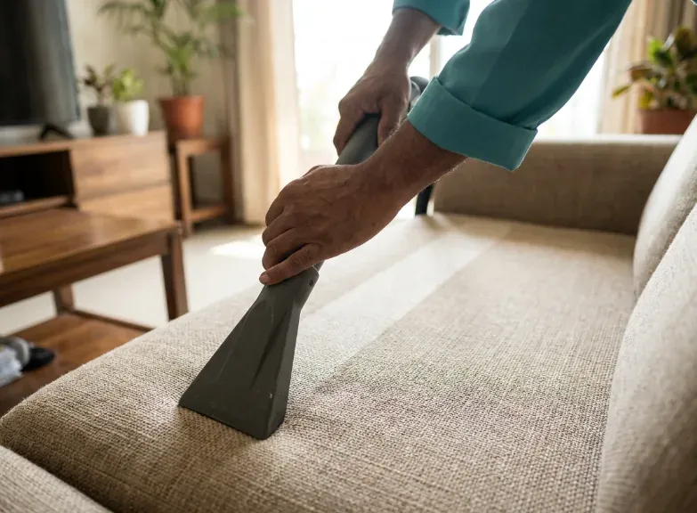 Upholstery vacuum cleaning a fabric sofa cushion